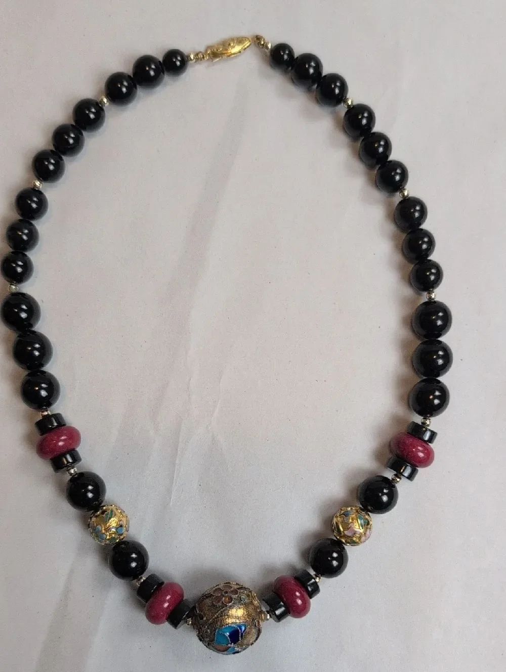 Cloisonne Graduated Bead Necklace with Black, Burgundy, Gold Accent Beads 18"
